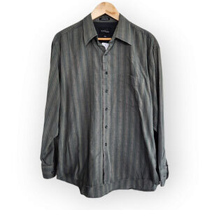 Vintage Bill Blass Green Striped Button Down Shirt Cotton L